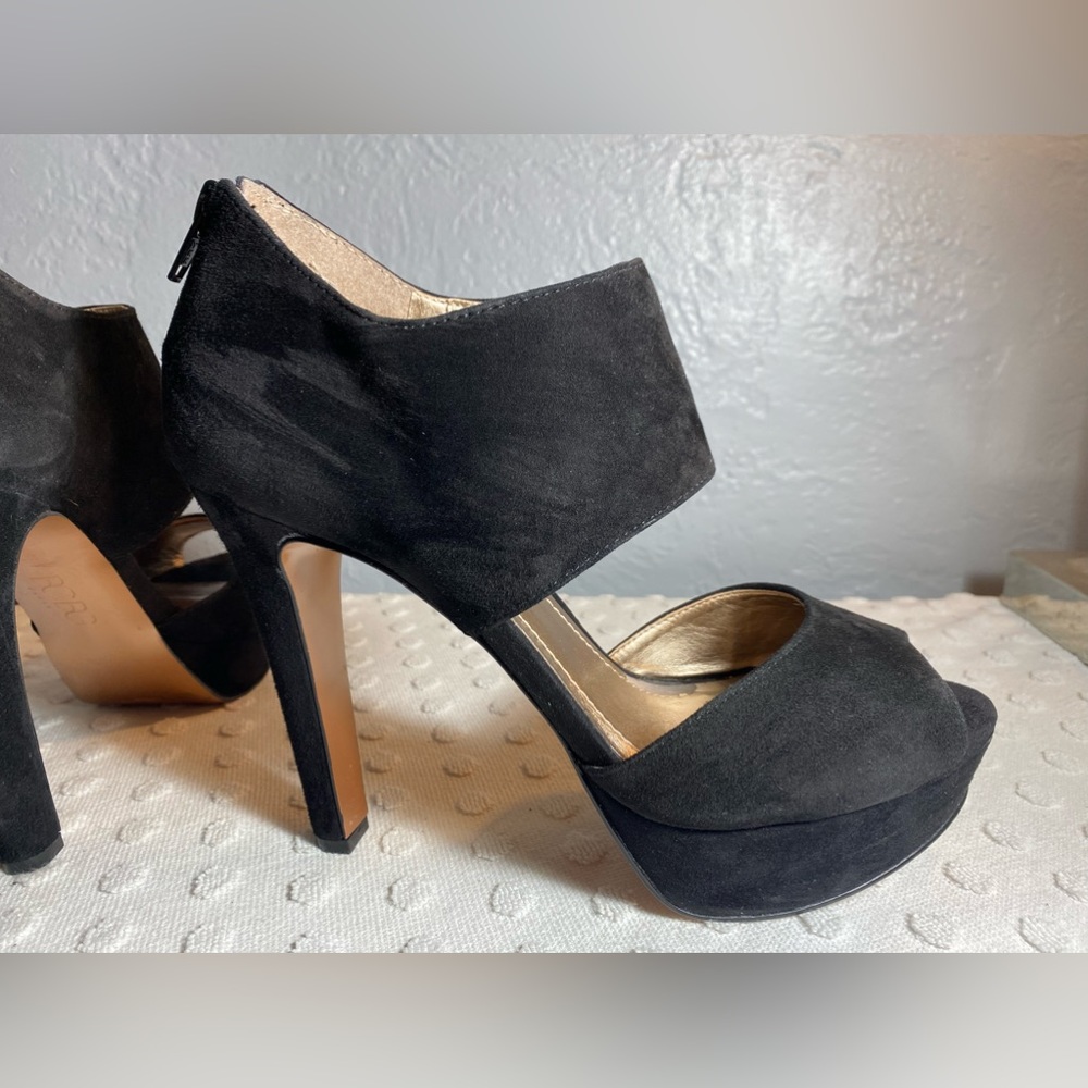 BCBG Black Suede High Heels Open Toe Closed Heel Pumps